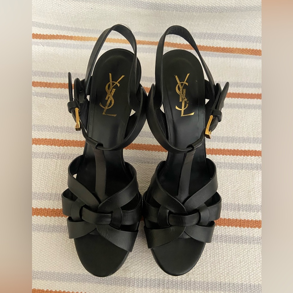 Saint Laurent Black Leather T Platform Sandals size 9